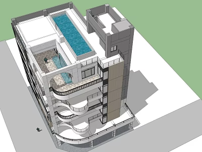 Modern Multi Storey Building Design With Roof Top Pool And Balconies 3d model