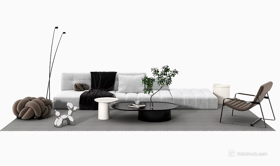 Modern Sofa Coffee Table Combination With Green Plant And Decorative Items 3d model
