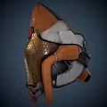 Two Sci Fi Helmets In Orange White Gray Gold With Red Indicator And Triangle Logo
