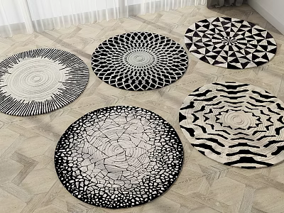 Round Rugs with Various Black and White Geometric and Spiral Patterns on Wooden Floor 3d model