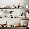 Modern Decorative Ornament Collection on Wall Shelves with Books Lamp Vase and Sculptures