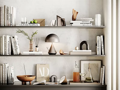 Modern Decorative Ornament Collection on Wall Shelves with Books Lamp Vase and Sculptures 3d model