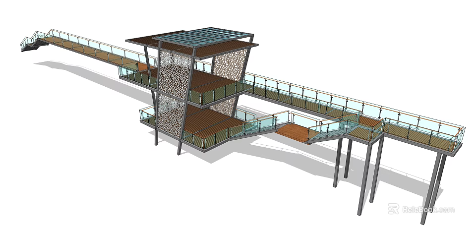 Road Infrastructure Featuring Elevated Walkway With Glass Railings Wooden Flooring Perforated Support And Glass Roof 3d model 