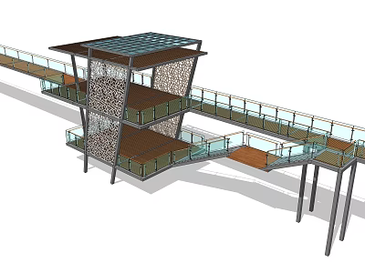 Road Infrastructure Featuring Elevated Walkway With Glass Railings Wooden Flooring Perforated Support And Glass Roof 3d model