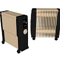 Two Black and Gold Modern Electric Radiators with Heating Fins Wheels and Control Panel