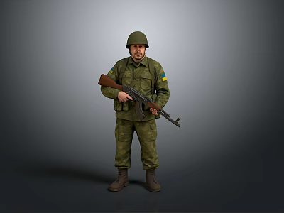 Ukrainian Soldier In Green Military Uniform With Helmet Holding Rifle And Yellow Blue Armband 3d model