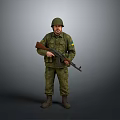 Ukrainian Soldier In Green Military Uniform With Helmet Holding Rifle And Yellow Blue Armband