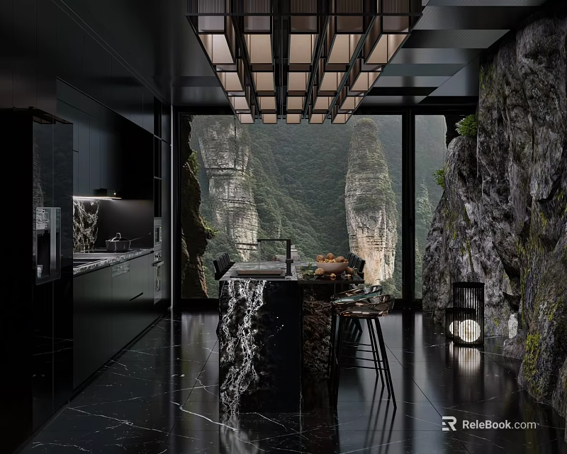 Modern Kitchen Interior With Black Cabinets Marble Island And Mountain View Design 3d model 