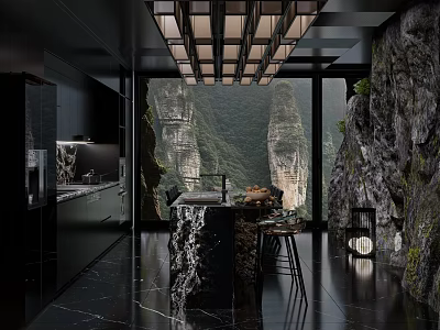 Modern Kitchen Interior With Black Cabinets Marble Island And Mountain View Design 3d model