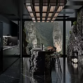 Modern Kitchen Interior With Black Cabinets Marble Island And Mountain View Design