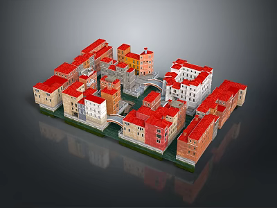 Colorful Traditional Building Complex With Red Roofs And Stone Bridge Design 3d model