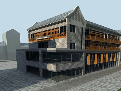 Vintage Traditional Chinese Street Front Commercial Building With Grey Brick Facade And Exquisite Wooden Balconies 3d model