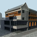 Vintage Traditional Chinese Street Front Commercial Building With Grey Brick Facade And Exquisite Wooden Balconies