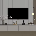 Minimalist White TV Stand with Wall Mounted TV Decorative Vases and Wooden Panel Wall