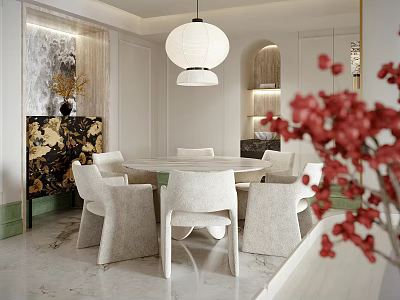 Elegant Restaurant Interior With Round Dining Table White Chairs Pendant Lamp And Red Flower Arrangement 3d model