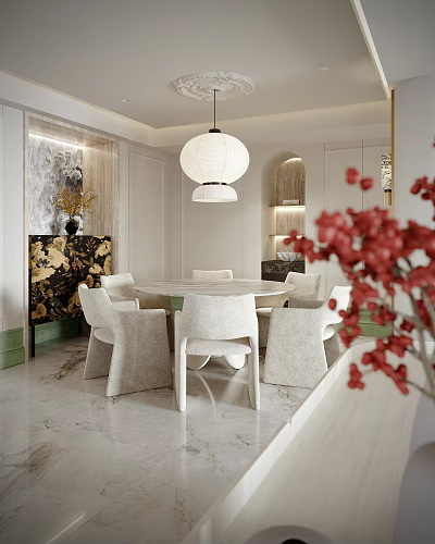 Elegant Restaurant Interior With Round Dining Table White Chairs Pendant Lamp And Red Flower Arrangement 3d model