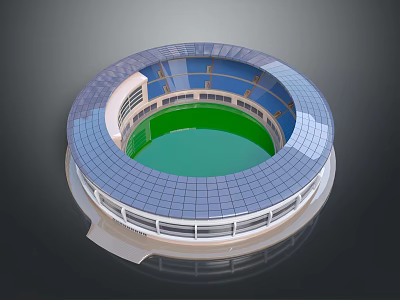 Circular Modern Stadium Architecture With Blue Glass Roof Green Field And Seating Tiers 3d model