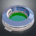 Circular Modern Stadium Architecture With Blue Glass Roof Green Field And Seating Tiers