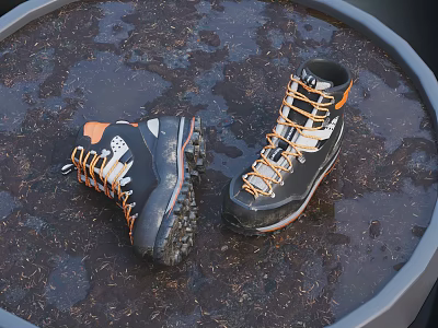 Black And Orange Outdoor Hiking Boots With White Laces And Slip Resistant Outsole 3d model