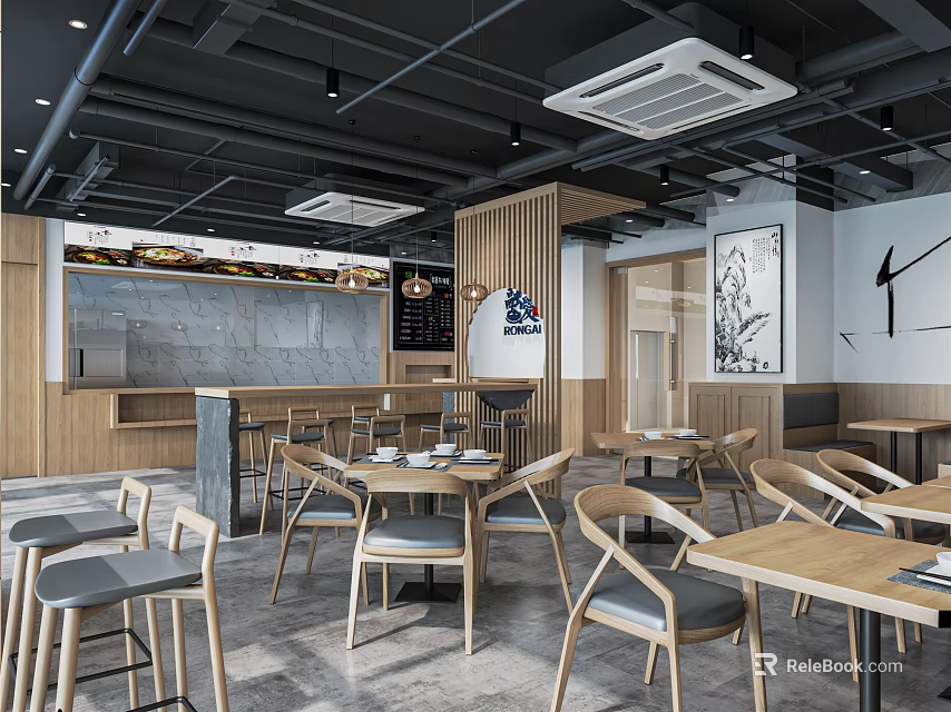 Modern Restaurant Interior With Wooden Tables Chairs Bar Counter And Decorative Painting 3d model 