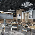 Modern Restaurant Interior With Wooden Tables Chairs Bar Counter And Decorative Painting