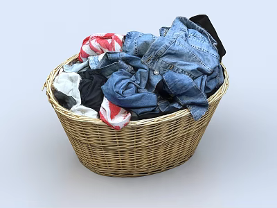Piled Colorful Clothes In Wicker Basket With Denim Red White And Black Pieces 3d model