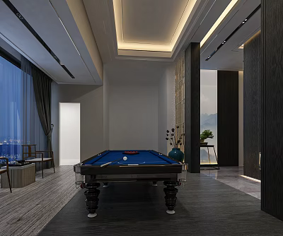 Modern Billiard Room Interior With Blue Pool Table Accent Chairs And Ceiling Lights 3d model