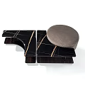 Modern Coffee Table With Circular Padded Top Black Marble Surface Golden Veins And Wooden Base