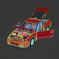 Red Sports Car With Open Hood And Doors Showcasing Engine And Interior