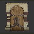 Rustic Arched Wooden Door Featuring Stone Frame And Ornate Metal Hinges Design