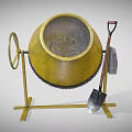 Yellow Construction Concrete Mixer On Metal Stand With Wheel And Shovel