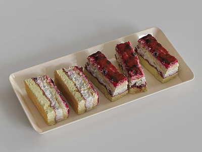 Five Sliced Cakes on Light Colored Tray with Cream and Berries and Different Colors 3d model