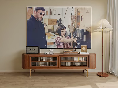 Modern Wooden TV Stand With Storage Shelves And Floor Lamp Near TV 3d model