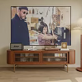 Modern Wooden TV Stand With Storage Shelves And Floor Lamp Near TV