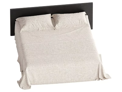 Double Bed With Black Headboard Beige Linen Bedding And Two Pillows Simple Modern Design 3d model