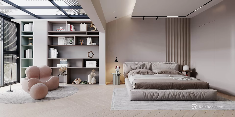 Modern Bedroom With Upholstered Bed Bookshelf Pink Armchair Skylight And Wooden Flooring 3d model 