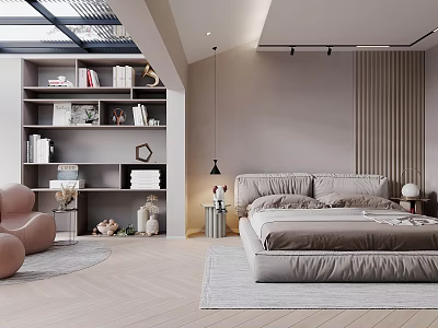Modern Bedroom With Upholstered Bed Bookshelf Pink Armchair Skylight And Wooden Flooring 3d model