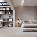 Modern Bedroom With Upholstered Bed Bookshelf Pink Armchair Skylight And Wooden Flooring