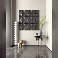 Modern Geometric Wall Decor in Minimalist Hallway with Spiral Vase and Green Plant