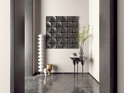 Modern Geometric Wall Decor in Minimalist Hallway with Spiral Vase and Green Plant 3d model