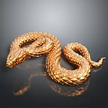 Golden Reptile Snake With Scaly Body Coiled On Dark Background With Reflection