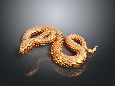 Golden Reptile Snake With Scaly Body Coiled On Dark Background With Reflection 3d model