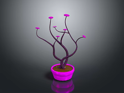 Purple Stemmed Potted Plant with Pink Flowers and Pink Pot on Dark Background 3d model