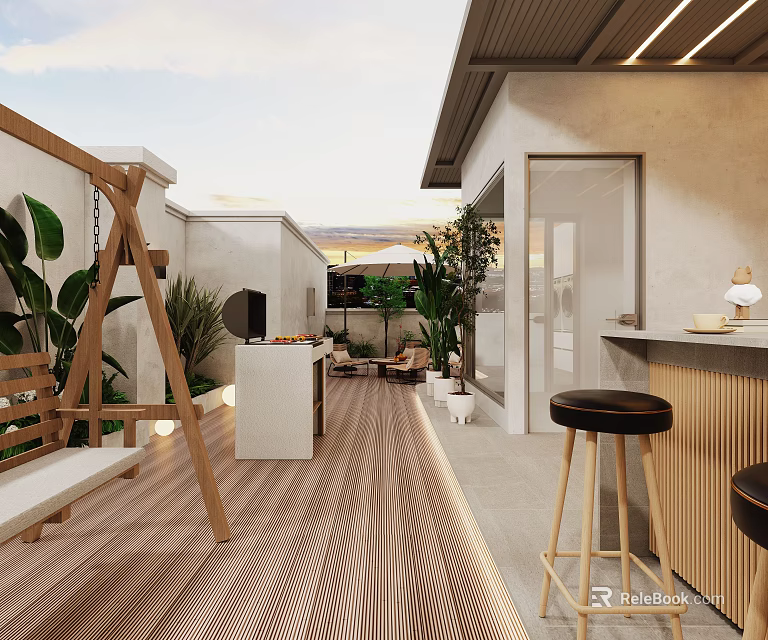 Luxurious Villa Balcony Featuring Wooden Deck Green Plants Swing Chair And Bar Counter 3d model 