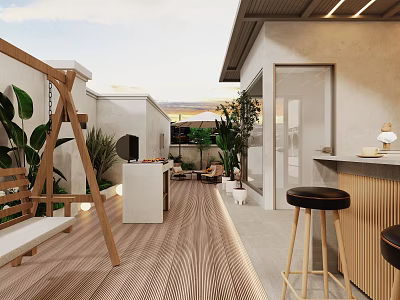 Luxurious Villa Balcony Featuring Wooden Deck Green Plants Swing Chair And Bar Counter 3d model