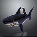 Cartoon Character Riding Blue Shark With Red Stripes And White Eyes