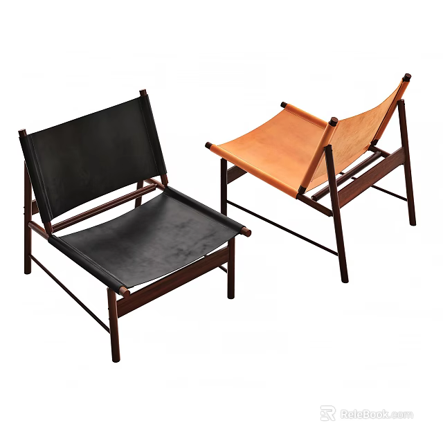 Modern Leisure Chairs With Black And Orange Leather Seats And Wooden Frames Design 3d model 