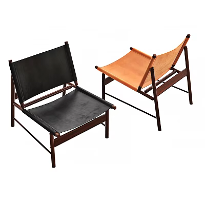 Modern Leisure Chairs With Black And Orange Leather Seats And Wooden Frames Design 3d model
