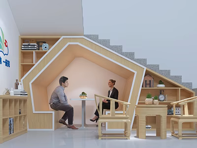 Cozy Casual Lounge Area Interior With Hexagonal Nook Wooden Bookshelves And Staircase 3d model