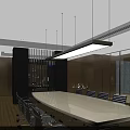 Modern Conference Room Interior With Long White Table Black Chairs And Pendant Lighting